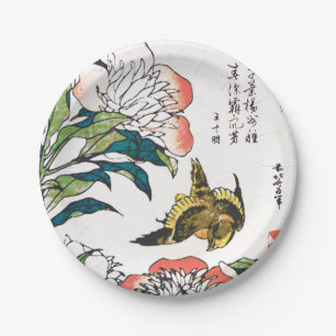 Assiettes En Carton Dessin japonais vintage, pivoines et moineau