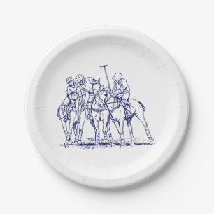 Assiettes En Carton Dessin stylisé vintage d'un match de polo #1 Bleu