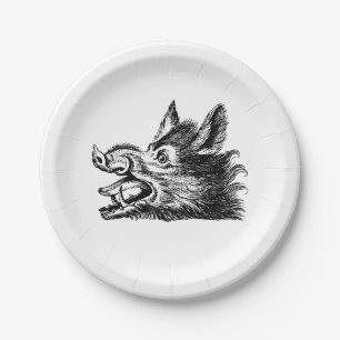 Assiettes En Carton Dessin tête de sanglier vintage en noir et blanc