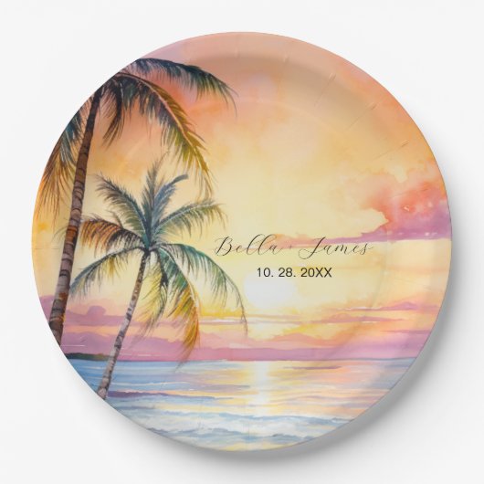 Assiettes En Carton Destination Sunset Beach Wedding (Devant)