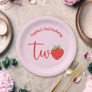 Assiettes En Carton Deux Anniversaire Fraise Rose