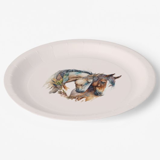 Assiettes En Carton Deux beaux chevaux Boho occidental (Angle)