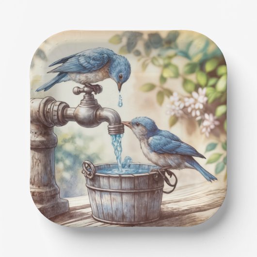 Assiettes En Carton Deux Bluebirds sur un Faucet rétro (Recto)