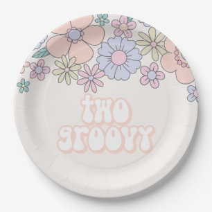 Assiettes En Carton Deux Groovy Rétro Floral pastel pour un 2ème anniv