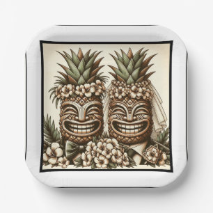 Assiettes En Carton Deux mariés Tête de Tiki d'ananas gay Mariage rétr