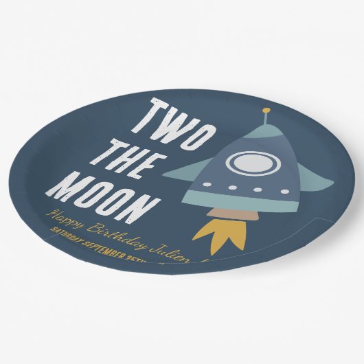 Assiettes En Carton Deux Moon Space Rocket 2e fête d'anniversaire (Angle)