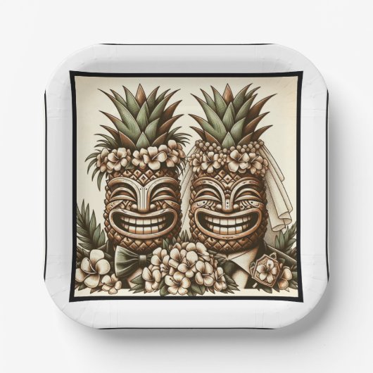Assiettes En Carton Deux pièces Gay Ananas Tiki Head Mariage rétro (Recto)