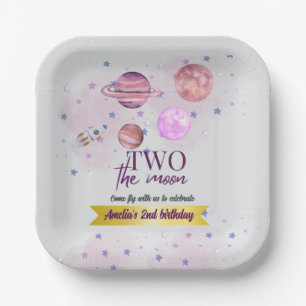 Assiettes En Carton Deux pour la Lune 2e anniversaire Fille Lune Étoil