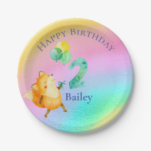 Assiettes En Carton Deuxième anniversaire Nom personnalisé Rainbow Bal