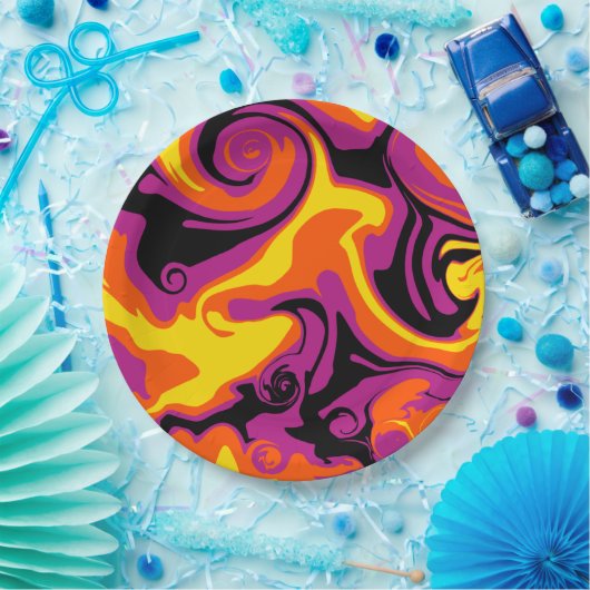 Assiettes En Carton Déversement - orange, noir, rose et jaune (Fête)