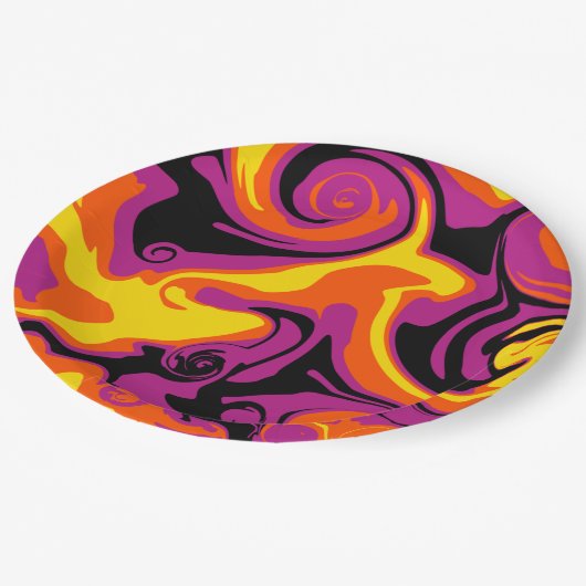 Assiettes En Carton Déversement - orange, noir, rose et jaune (Angle)