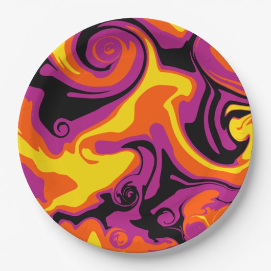 Assiettes En Carton Déversement - orange, noir, rose et jaune (Devant)