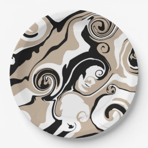 Assiettes En Carton Déversement - Taupe, noir et blanc