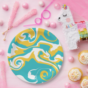 Assiettes En Carton Déversement - Turquoise et Jaune