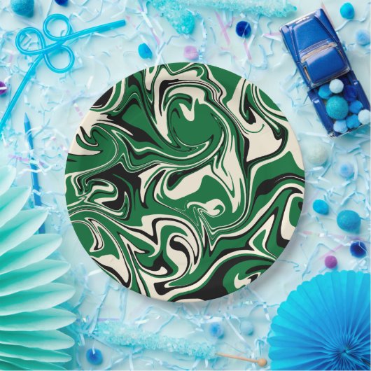 Assiettes En Carton Déversement - vert, crème et noir (Fête)