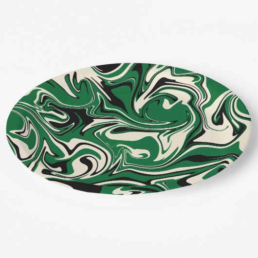 Assiettes En Carton Déversement - vert, crème et noir (Angle)