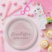 Assiettes En Carton Diadème Glamour Rose Pailleté pour Quinceañera (Fête)