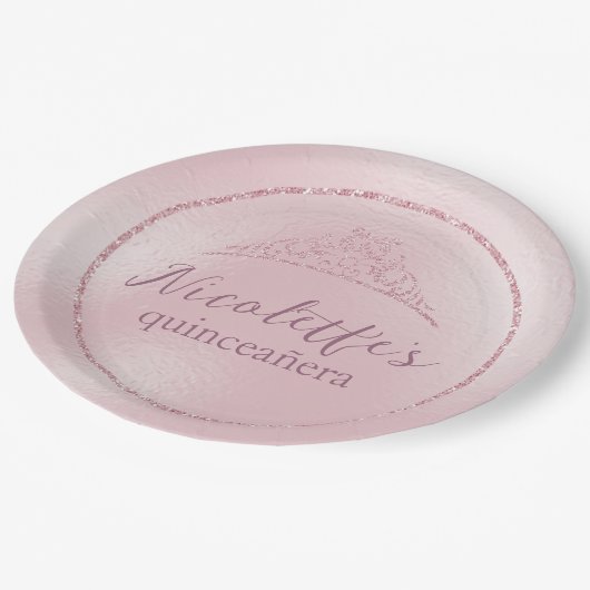 Assiettes En Carton Diadème Glamour Rose Pailleté pour Quinceañera (Angle)