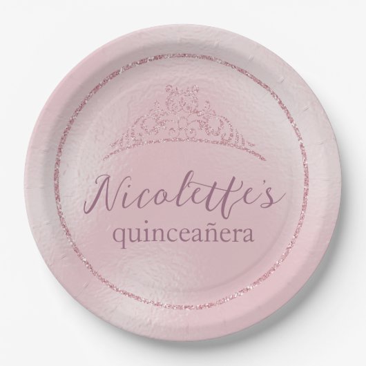 Assiettes En Carton Diadème Glamour Rose Pailleté pour Quinceañera (Devant)