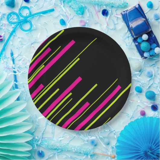 Assiettes En Carton Diagonales en vert citron, rose et noir (Fête)