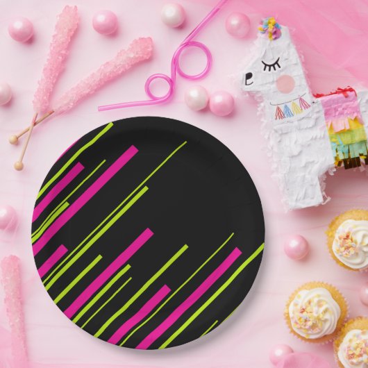 Assiettes En Carton Diagonales en vert citron, rose et noir (Fête)