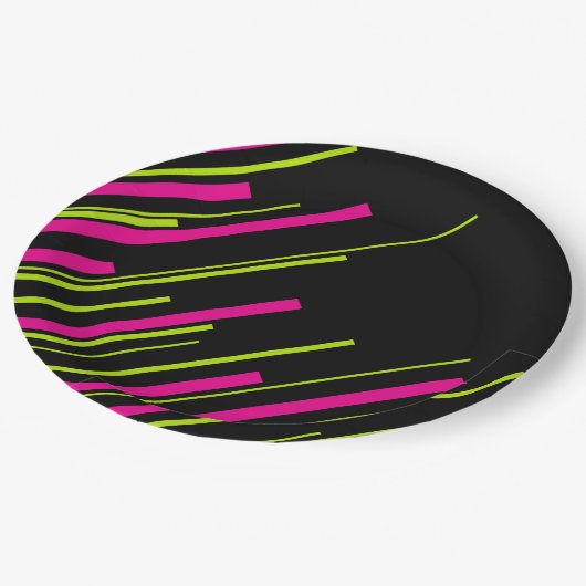 Assiettes En Carton Diagonales en vert citron, rose et noir (Angle)