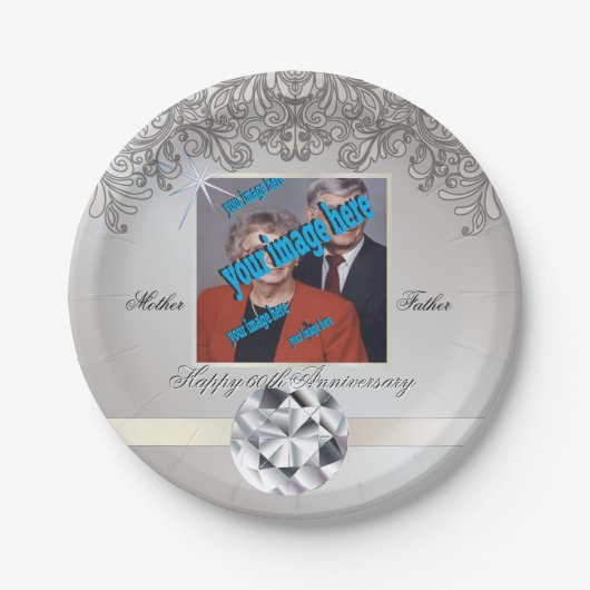 Assiettes En Carton Diamant 60e anniversaire Mariage jetable (Devant)