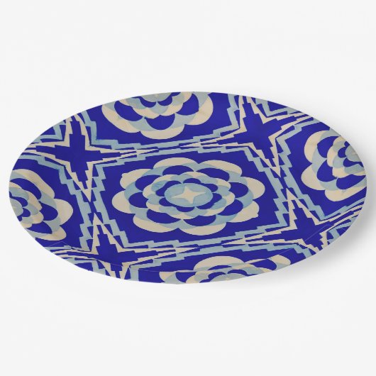 Assiettes En Carton Diamant Kaleidoscope bleu blanc (Angle)