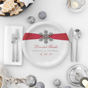 Assiettes En Carton Diamante Flocon de neige et Ruban rouge Mariage d'