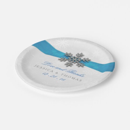 Assiettes En Carton Diamante Snowflake & Blue Ribbon Mariage d'hiver (Angle)