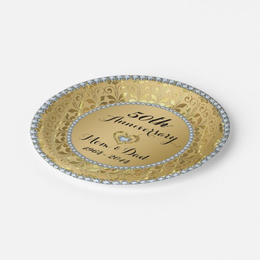 Assiettes En Carton Diamants et Or 2 50e anniversaire de Mariage (Angle)
