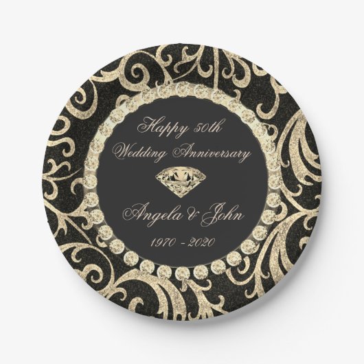 Assiettes En Carton Diamants Gold Swirls 50e anniversaire Mariage (Devant)