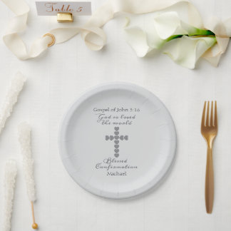 Assiettes En Carton Dieu Aima Tant le Monde Croix Cœur Argent Gris
