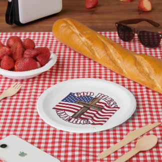 Assiettes En Carton Dieu bénisse l'Amérique avec le drapeau américain