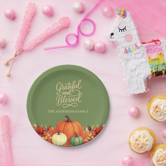 Assiettes En Carton Dîner d'action de grâces vert citrouille Grateful (Fête)