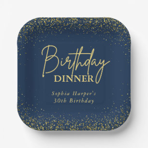 Assiettes En Carton Dîner d'anniversaire confettis bleu marine et or