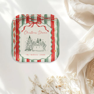 Assiettes En Carton Dîner de Noël avec ruban rayé vintage