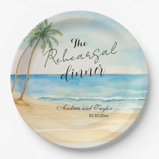 Assiettes En Carton Dîner de répétition Plage et Palm Trees Mariage (Devant)