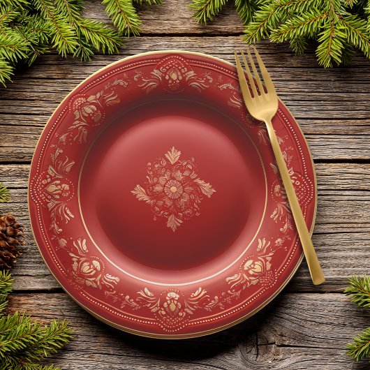 Assiettes En Carton Dîner d'élégance de Noël rouge et or