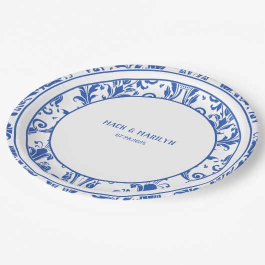 Assiettes En Carton Dîner Floral Mariage damassé bleu et blanc (Angle)