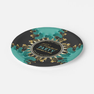 Assiettes En Carton Dîner Turquoise Fractal Gold Swirl