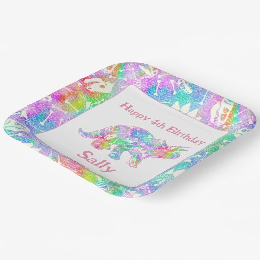 Assiettes En Carton Dino Dig arc-en-ciel (Angulaire)