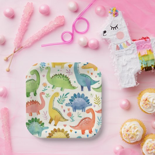 Assiettes En Carton DINO-MITE Aquarelle Dinosaure Anniversaire de enfa (Fête)