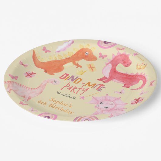 Assiettes En Carton Dino-mite dino rose fête d'anniversaire (Angle)