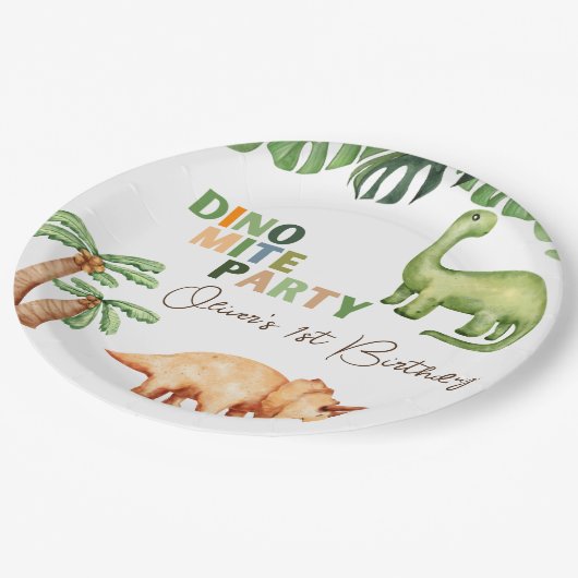 Assiettes En Carton Dino-mite fête 1er anniversaire (Angle)