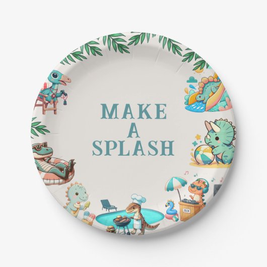 Assiettes En Carton Dino Pool Party Anniversaire (Devant)