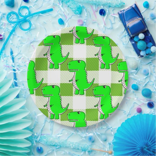 Assiettes En Carton Dino Tartan vert et blanc Plaid Motif (Fête)