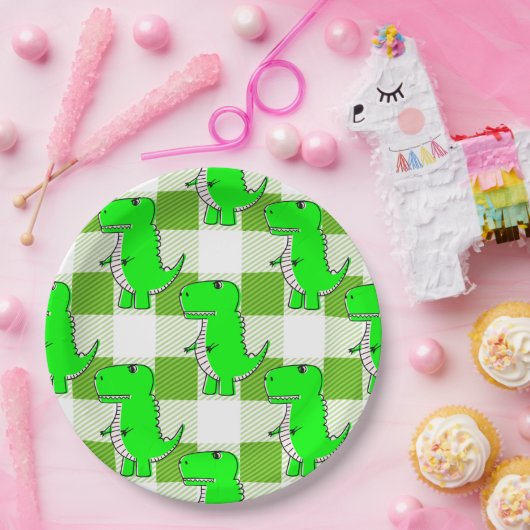Assiettes En Carton Dino Tartan vert et blanc Plaid Motif (Fête)