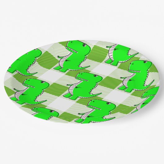 Assiettes En Carton Dino Tartan vert et blanc Plaid Motif (Angle)