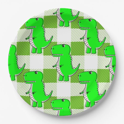 Assiettes En Carton Dino Tartan vert et blanc Plaid Motif (Devant)